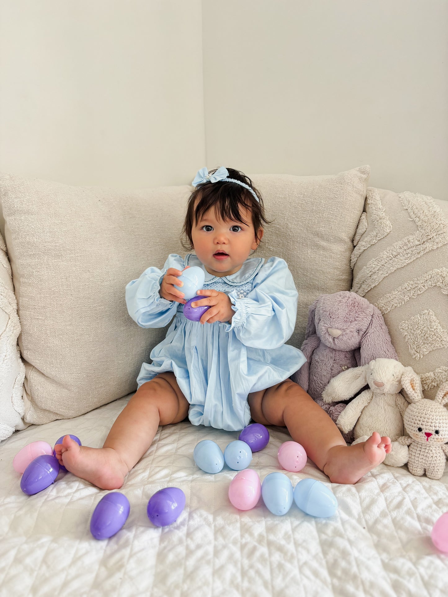 Blue hand smocked baby girl romper