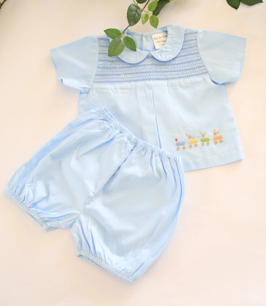Light blue baby outfit with smocked top and bloomers