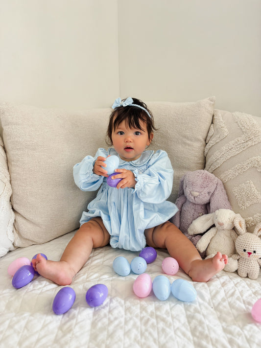 Blue hand smocked baby girl romper