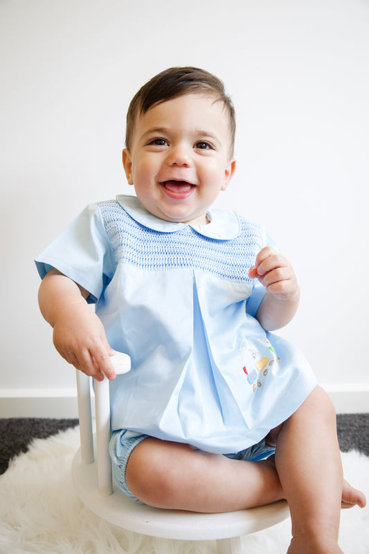 Blue hand smocked baby suit