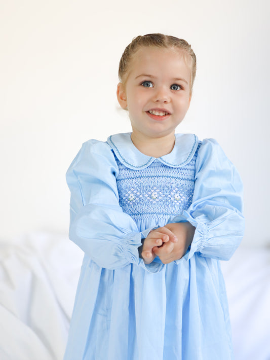 Blue hand smocked girl dress