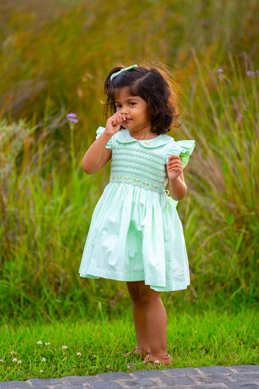 Green Hand smocked girl dress