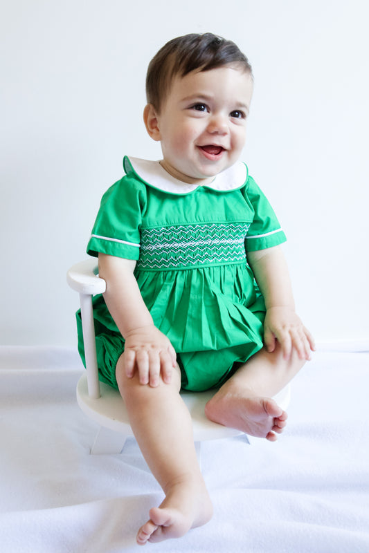 Green baby boy hand smocked romper
