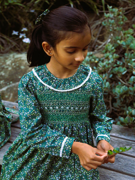 Green hand smocked long sleeve Autum/Winter dress