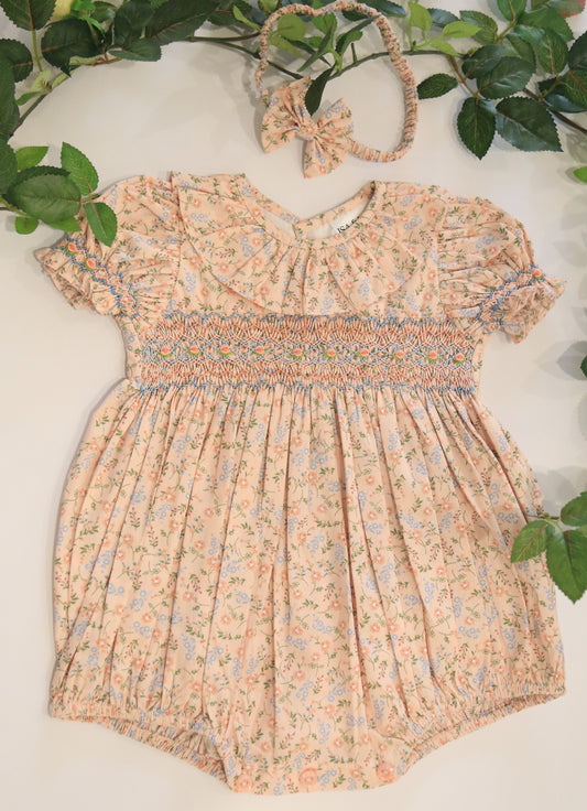 Pink Floral Baby hand smocked romper