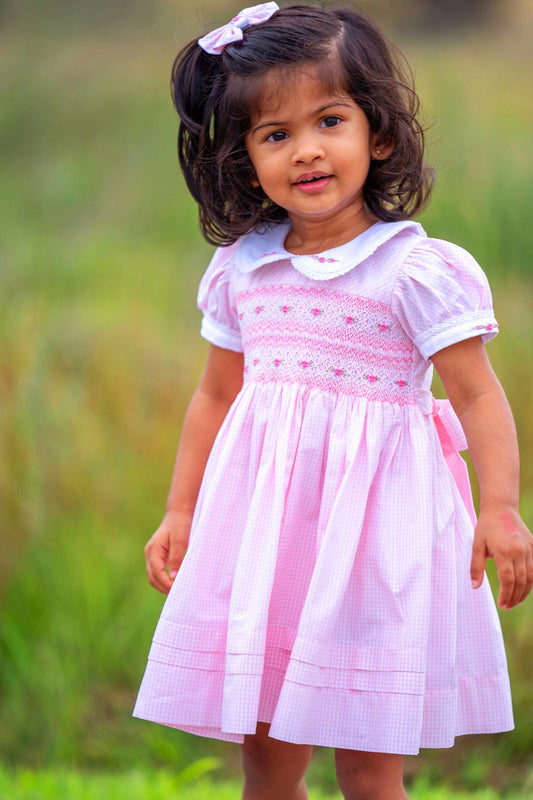 Pink checked gingham hand smocked dress