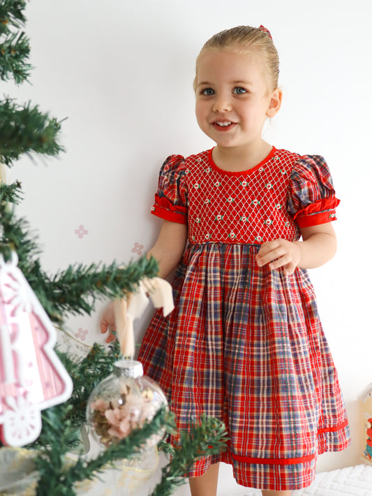 Hand smocked girls christmas red dress
